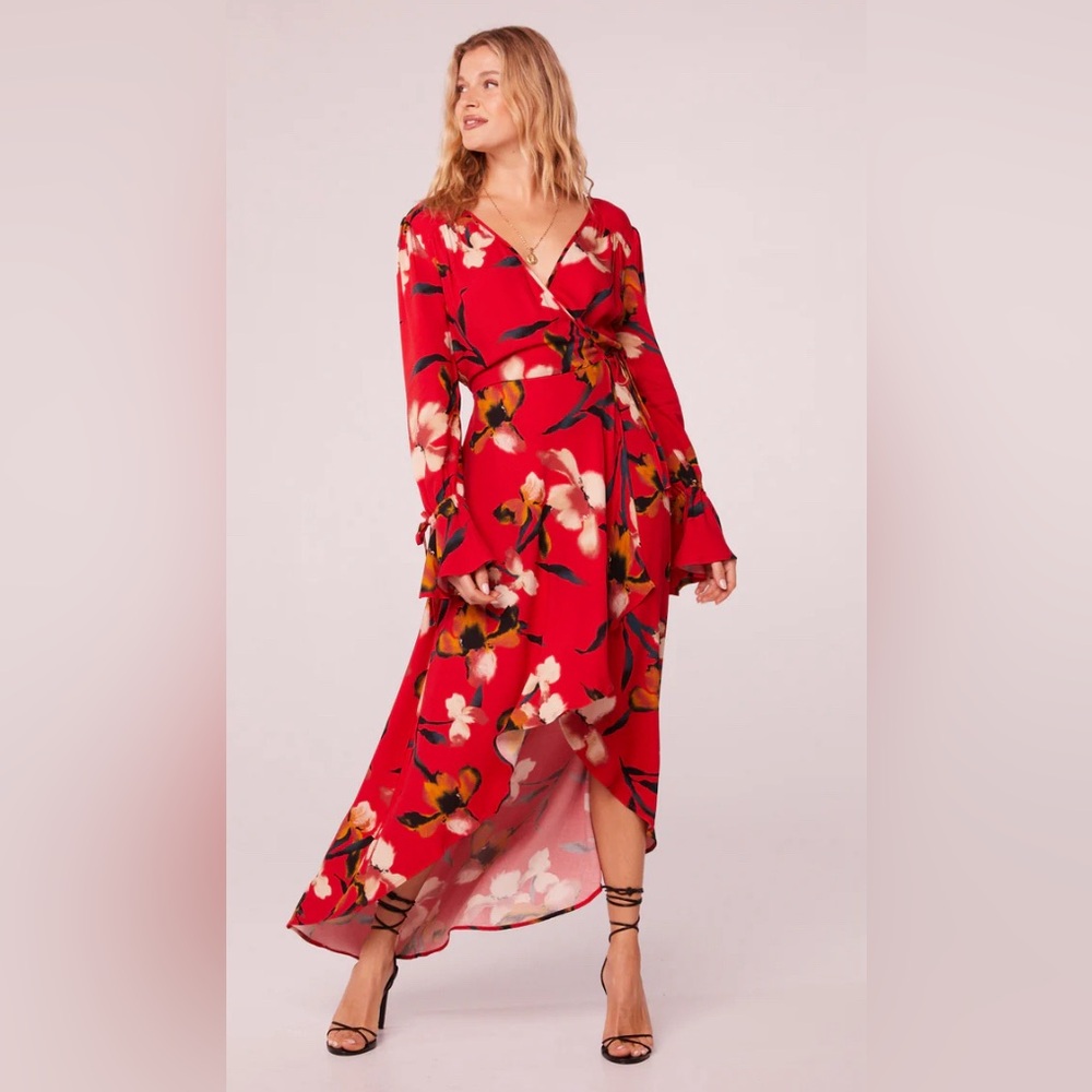 POLLY RED FLORAL WRAP MAXI DRESS